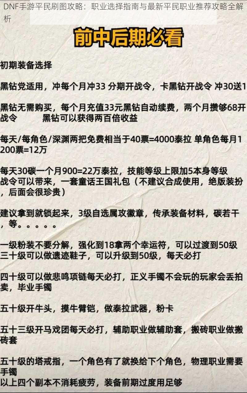 DNF手游平民刷图攻略：职业选择指南与最新平民职业推荐攻略全解析