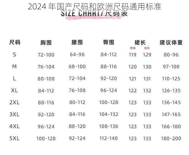 2024 年国产尺码和欧洲尺码通用标准