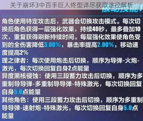 关于崩坏3中百手巨人终型详尽获取途径解析