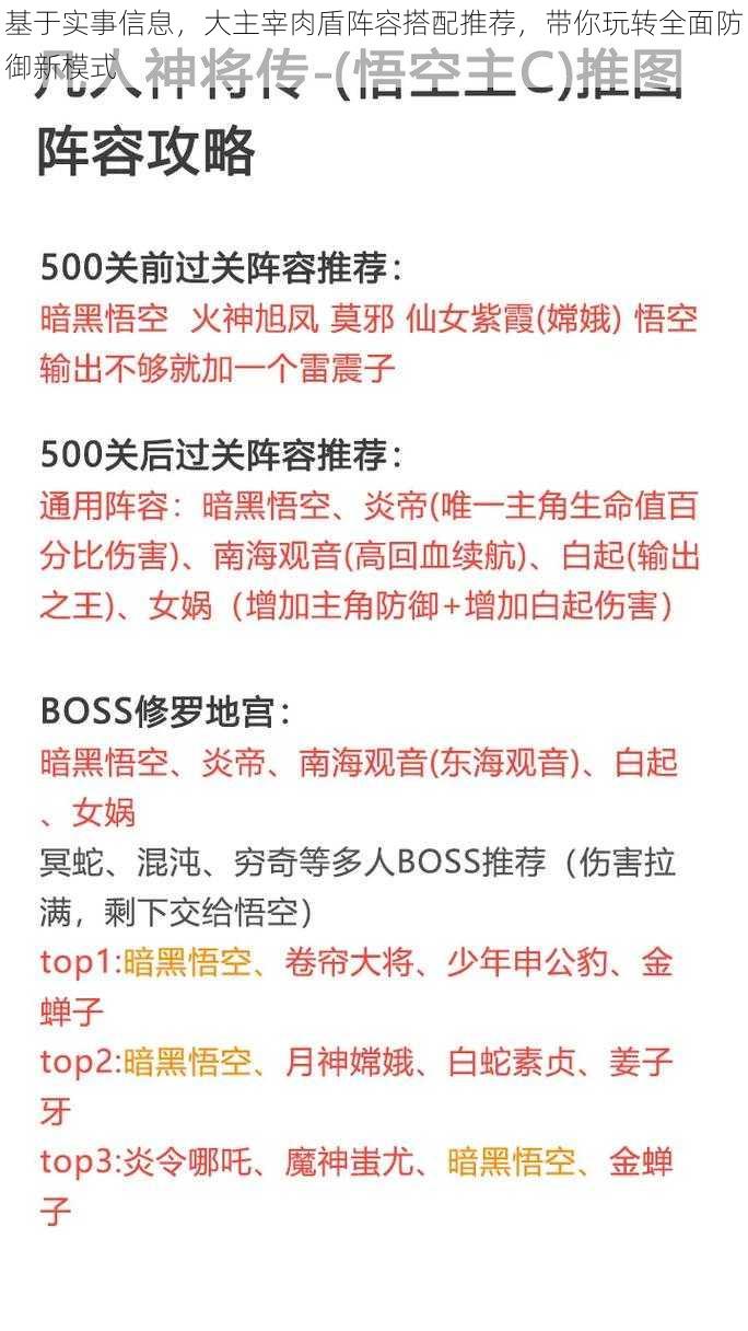 基于实事信息，大主宰肉盾阵容搭配推荐，带你玩转全面防御新模式