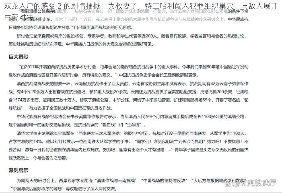 双龙入户的感受 2 的剧情梗概：为救妻子，特工哈利闯入犯罪组织巢穴，与敌人展开生死对决