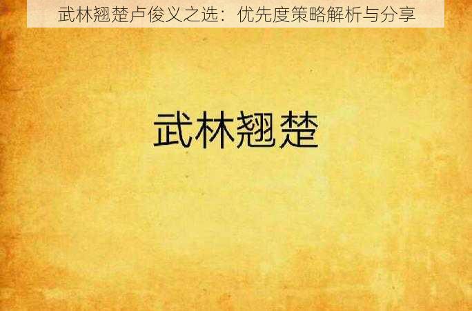 武林翘楚卢俊义之选：优先度策略解析与分享