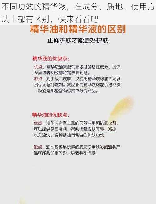 不同功效的精华液，在成分、质地、使用方法上都有区别，快来看看吧